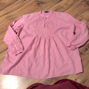 Chaps 100% linen 2X blouse button neck, pleated front pink